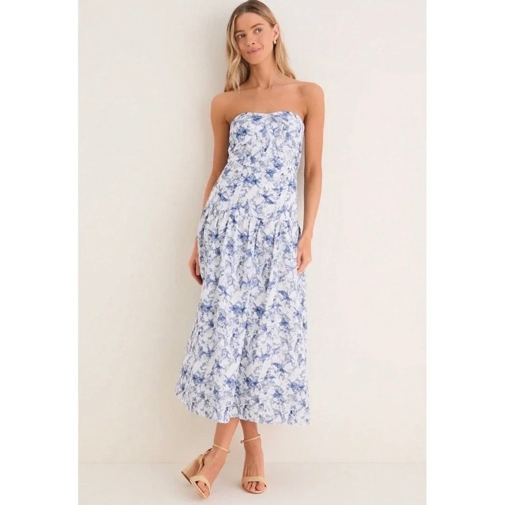 english factory natalie strapless midi dress navy watercolor resort women medium